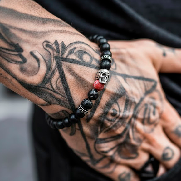 Чоловічий браслет з натурального каменю з черепом TINI PREDKIV Хred devilХ преміум якість, фото 1