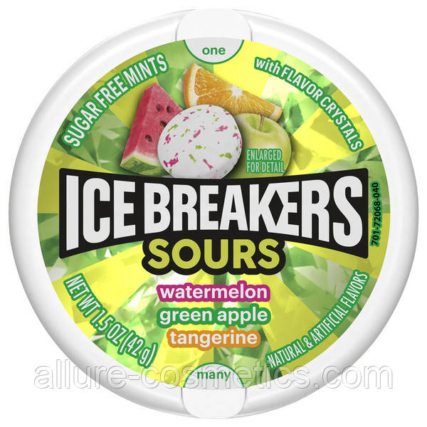 Льодяники драже ICE BREAKERS Sugar Free Mints SOURS watermelon + greeb apple + tangerine 36g, фото 1