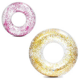 Надувне коло для плавання Intex 56274 «Блиск» з глітером 119 см рожевий та золотий