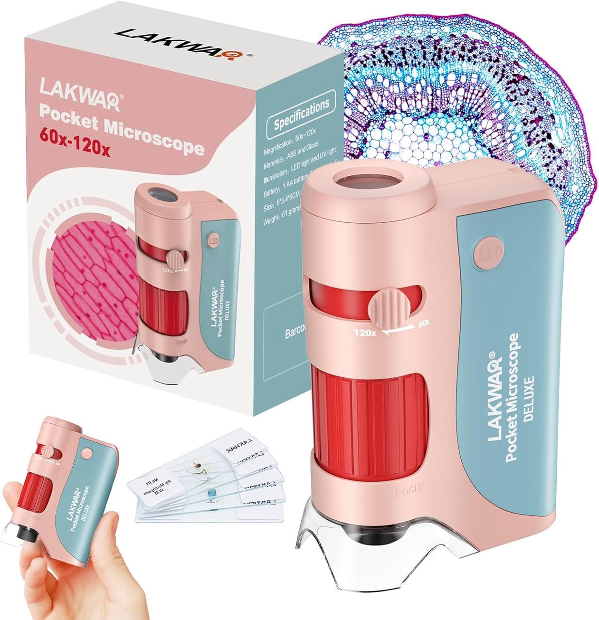 Кишеньковий мікроскоп LAKWAR 60-120X для дітей та дорослих, портативний ручний мікроскоп з 5 предметними скельцями, фото 1