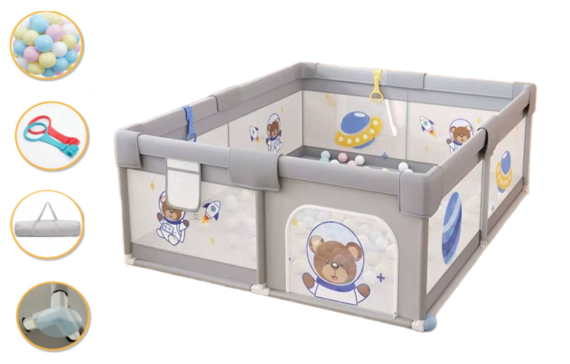 Дитячий манеж Terrio Bear XL Сірий 180x200 см з двома ручками і 60 різнокольоровими м'ячами, фото 1