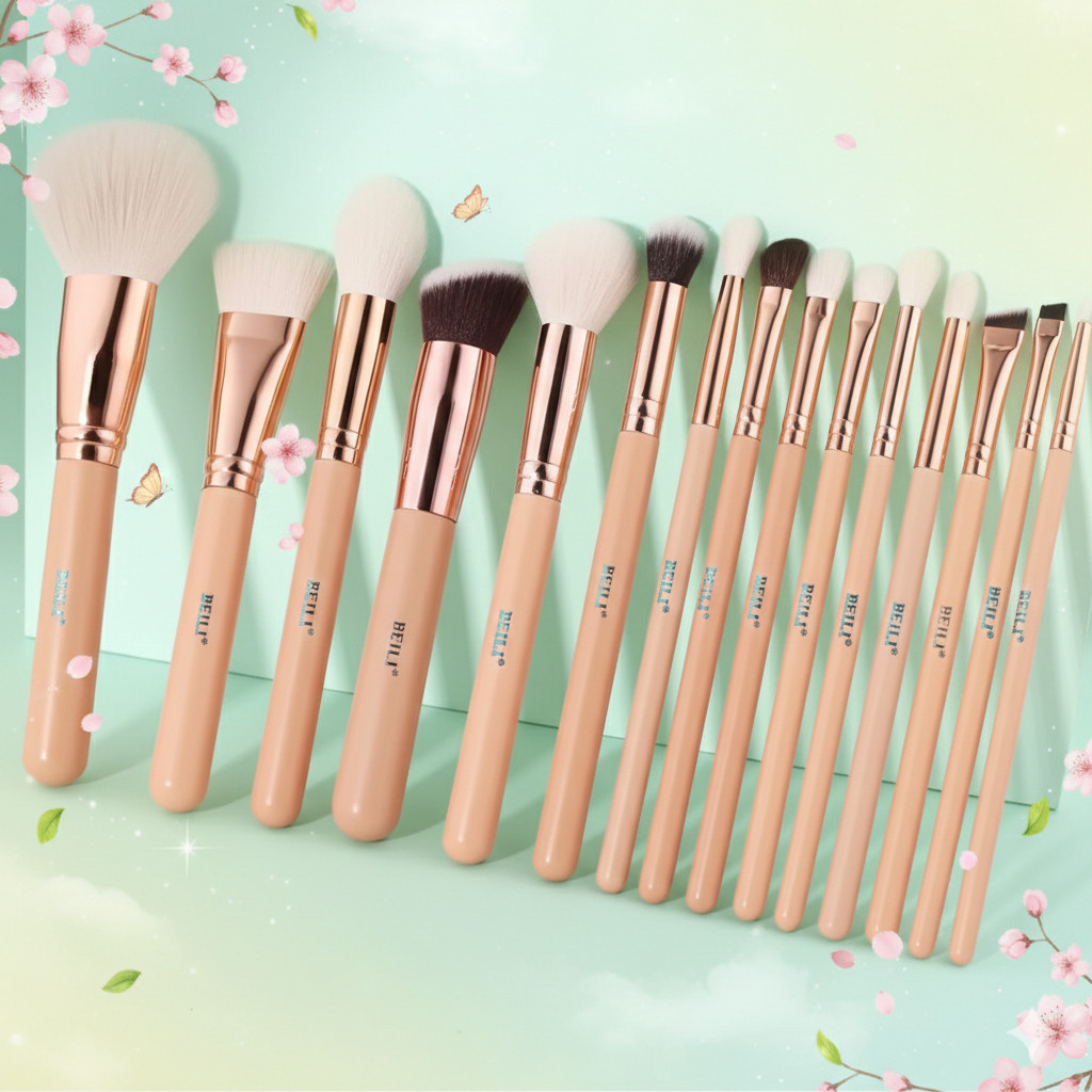 Набір пензлів для макіяжу з рожевою ручкою BEILI (15 шт), фото 1