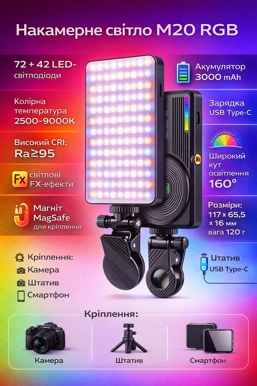 Накамерне світло M20 RGB, 72+42 LED, 22 FX-ефекти, 2500–9000K, акумулятор 3000 mAh, фото 1