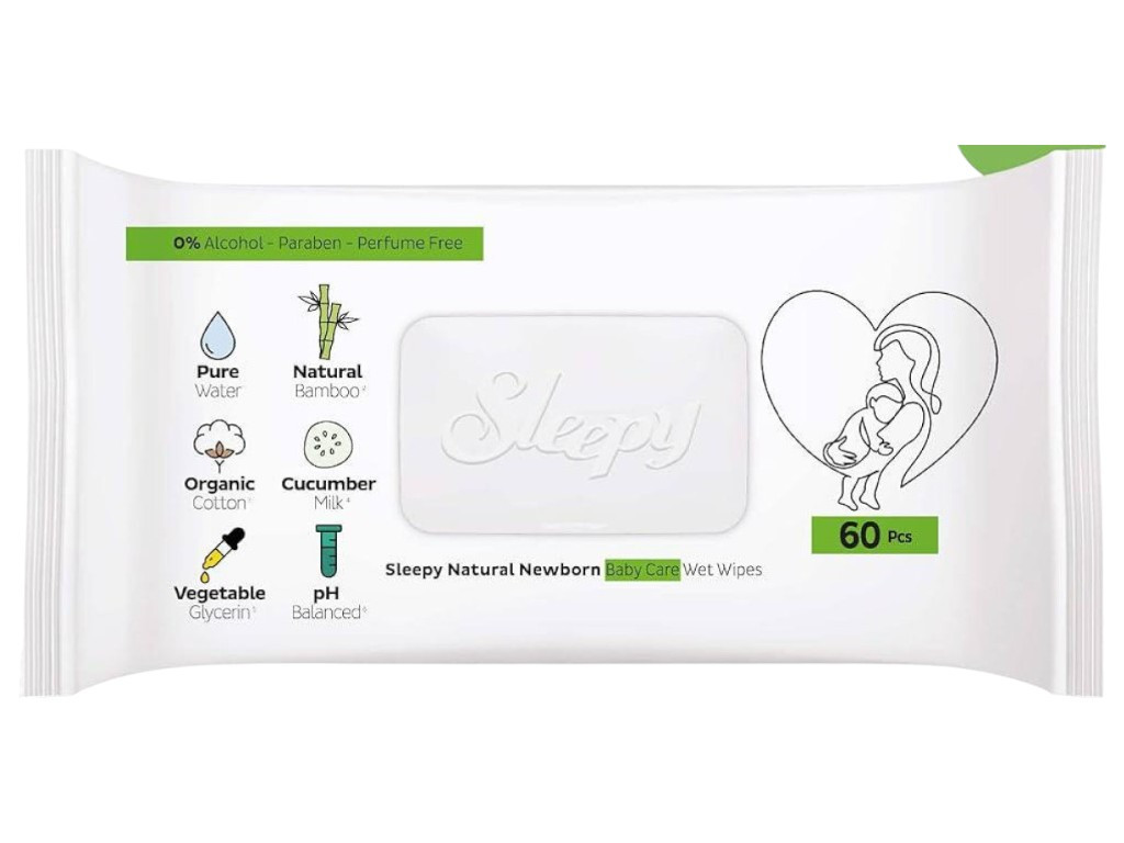 Вологі серветки для дітей Sleepy Naturаl Baby 60 шт. Безпечні серветки для немовлят., фото 1