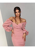 Сукня міді з відкритими плечима та об’ємними рукавами Персиковий 46-48, фото 2
