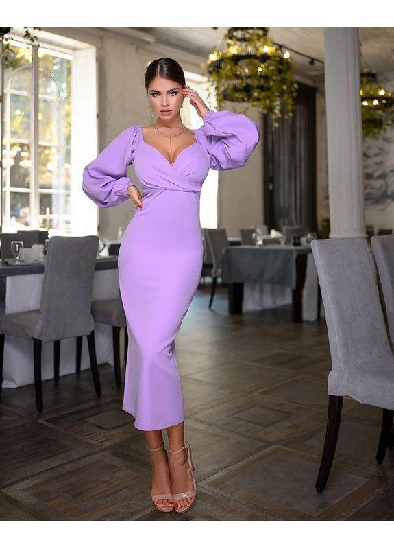 Сукня міді з відкритими плечима та об’ємними рукавами Бузковий 42-44, фото 1