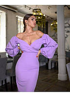 Сукня міді з відкритими плечима та об’ємними рукавами Бузковий 42-44, фото 3