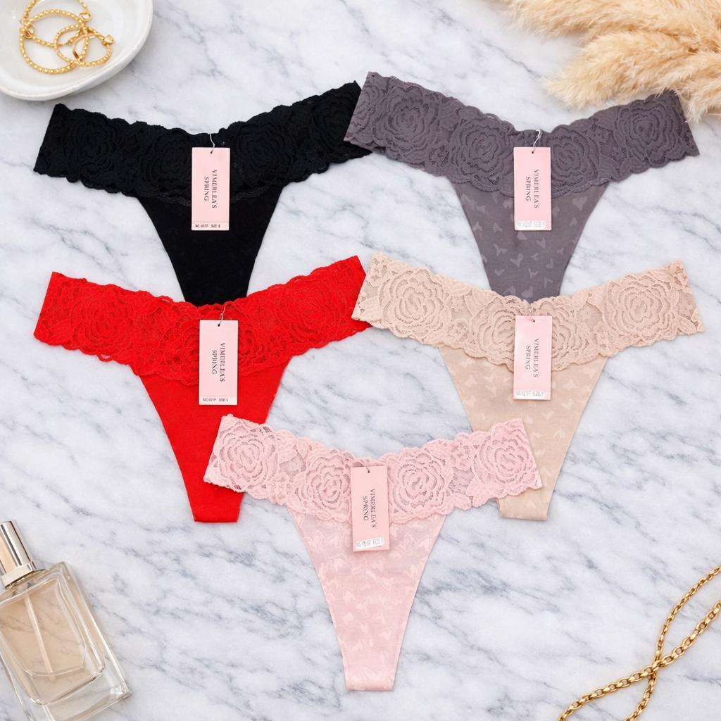 Набір із 5 безшовних жіночих стрінгів з мереживним поясом і мікросіткою, висока посадка, фото 1