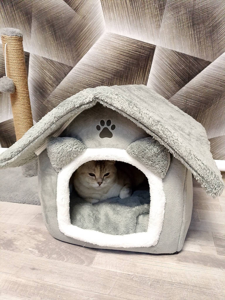 Будиночок - лежак для кота з подушкою , сірий плюш Purlov 25706 Польща - фото покупців 1