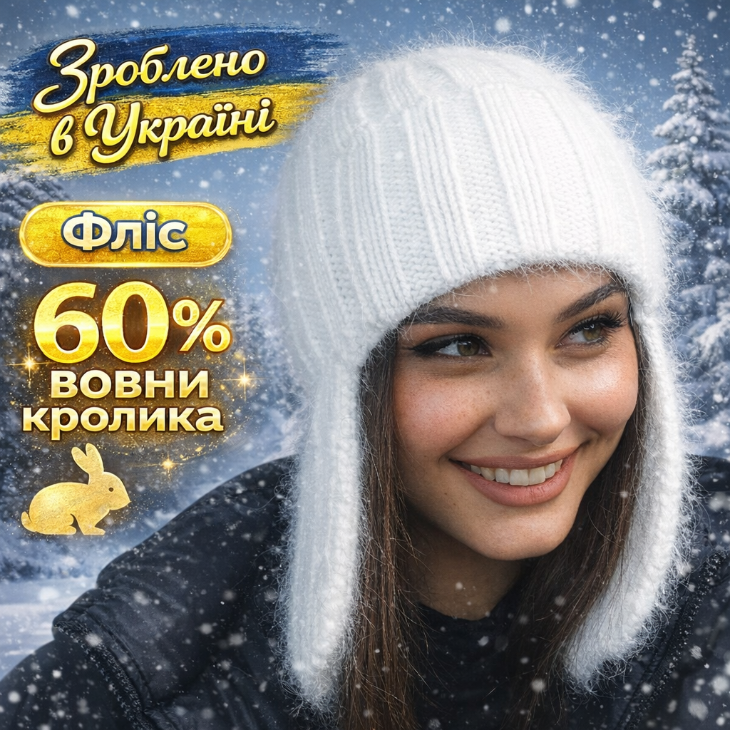 Шапка вушанка жіноча біла модна Арма Жіночі в'язані шапки-вушанки, фото 1