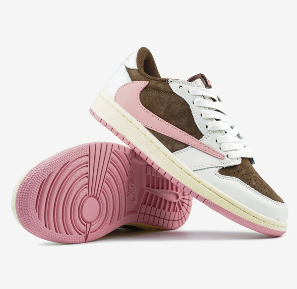 Жіночі кросівки Air Jordan 1 Travis Scott Low pink oxford рожево-коричневі Еір Джордан 1 ТС Лоу шкіра замша демісезон для дівчат, фото 1