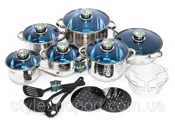 Набір посуду з нержавіючої сталі з кришками та сковородою, 18 предметів, фото 1