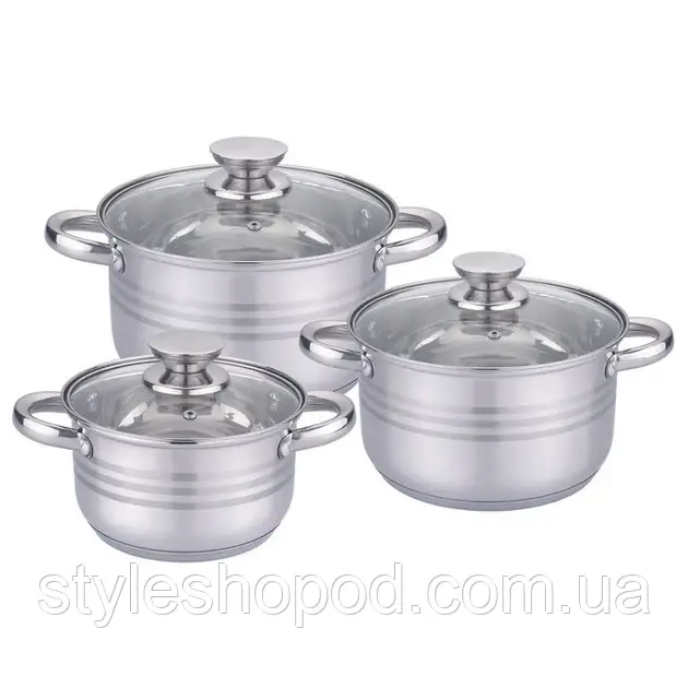 Набір каструль з кришками з нержавіючої сталі, 6 предметів, багатошарове дно, фото 1
