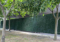 Приклад встановлення зеленої рулонної огорожі темно-зеленого кольору по периметру господарської території. Щільна структура забезпечує приватність і гармонійно вписується в навколишнє середовище.