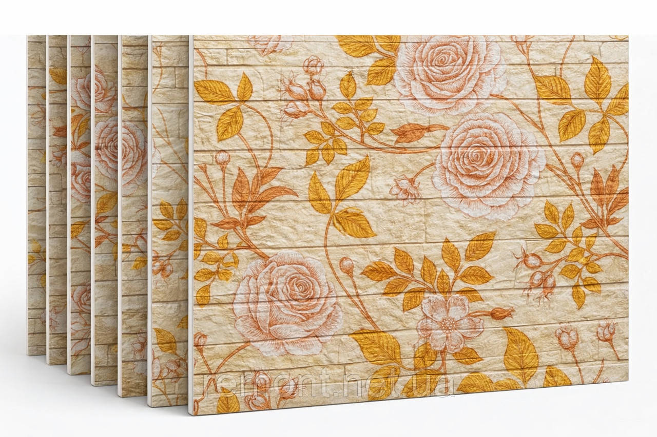 Самоклеючі 3D панелі «Золоті троянди» 70*38 см. Для стін і стелі. Теплі, миючі, водостійкі, шумопоглинаючі, фото 1