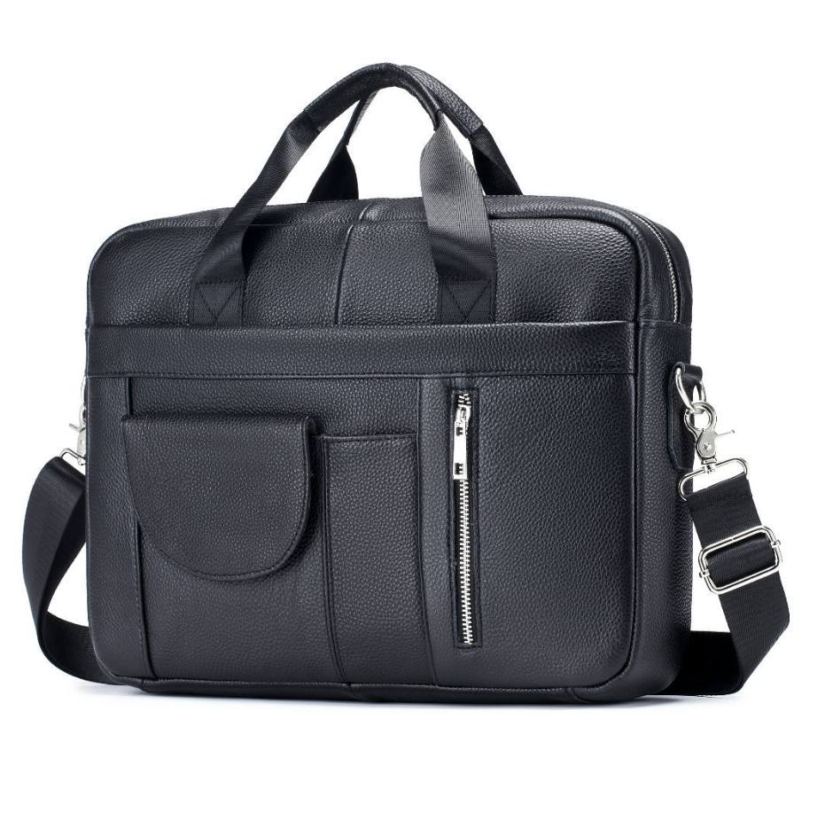 Сумка чоловіча ділова чорна з натуральної шкіри для документів та ноутбука з ременем через плече, фото 1