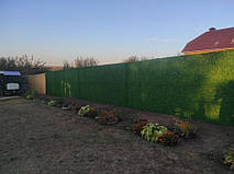 Зелений рулонний паркан висотою 2 м, встановлений для відокремлення території саду від двору. Огорожа забезпечує приватність і гармонійно вписується в ландшафт.