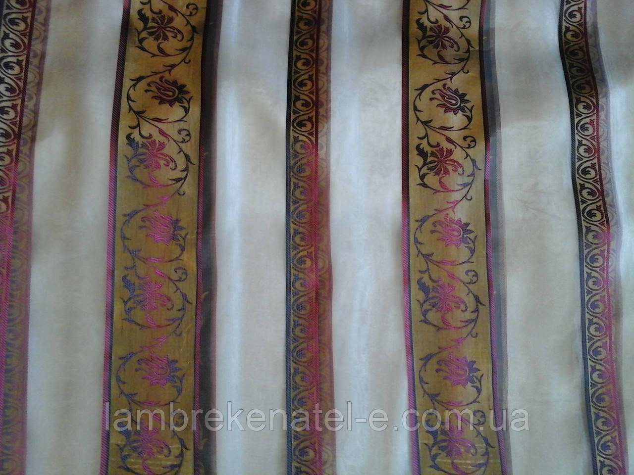 Тюль залишок 2 м бордово-коричнева органза з малюнком, фото 1