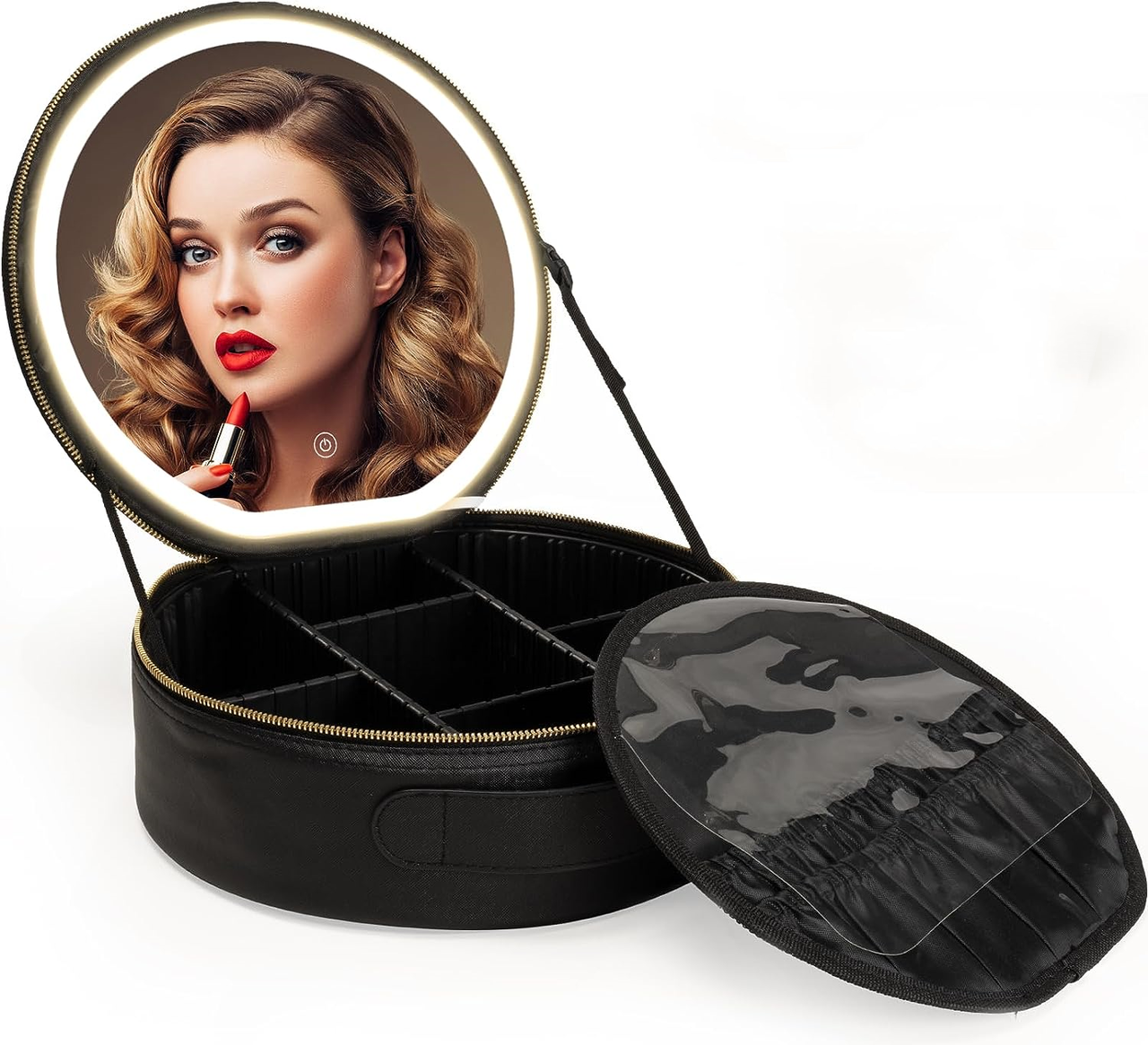 Косметичка-валізатор з LED дзеркалом кругла YB-032, фото 1