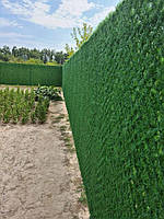 Приклад монтажу світло-зеленого паркану зі штучної трави довжиною 80 м. Огорожа формує чіткі межі приватної території.