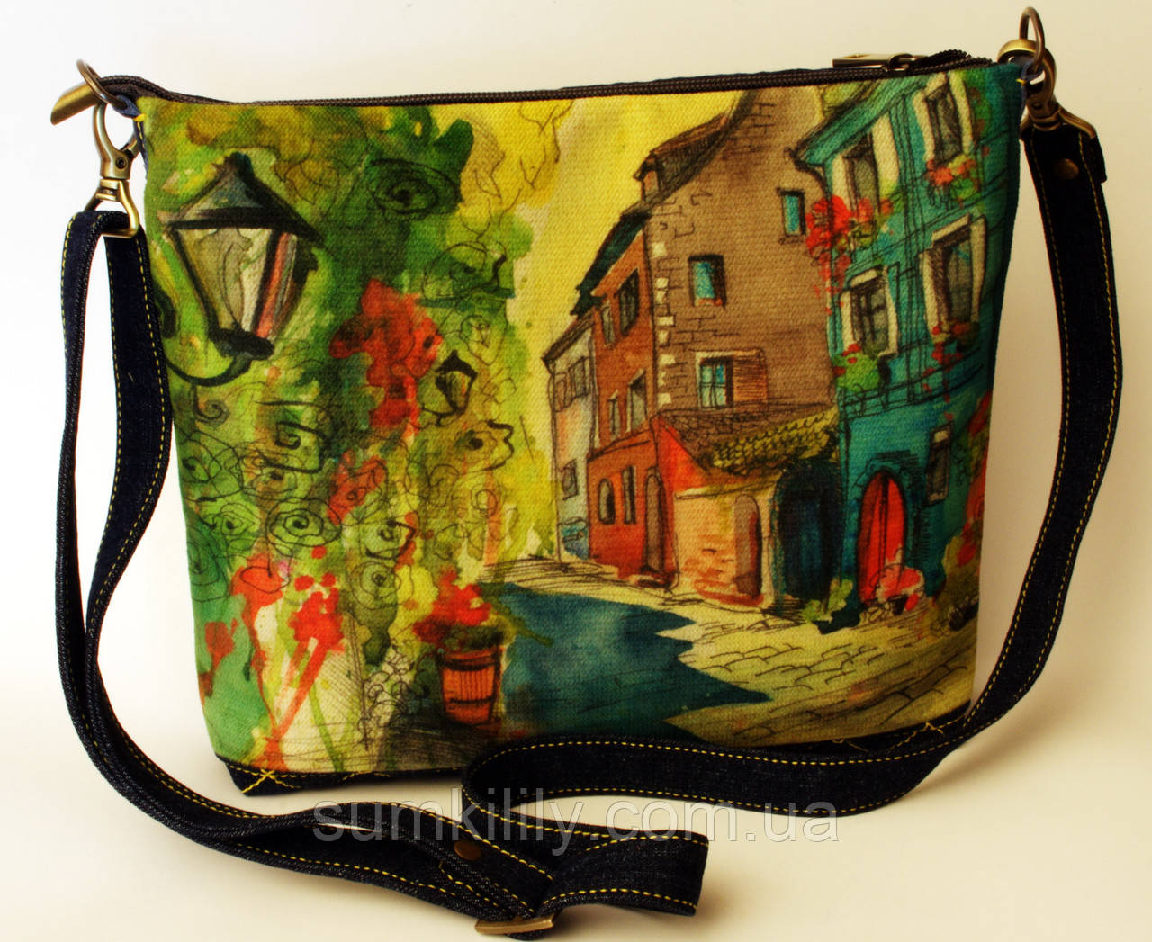 Жіноча джинсова стьобана сумочка вулиць акварель, фото 1