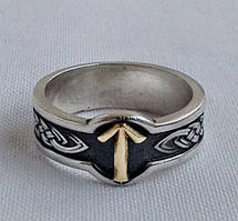 Кільце з золотою руною Тейваз з чорнінням