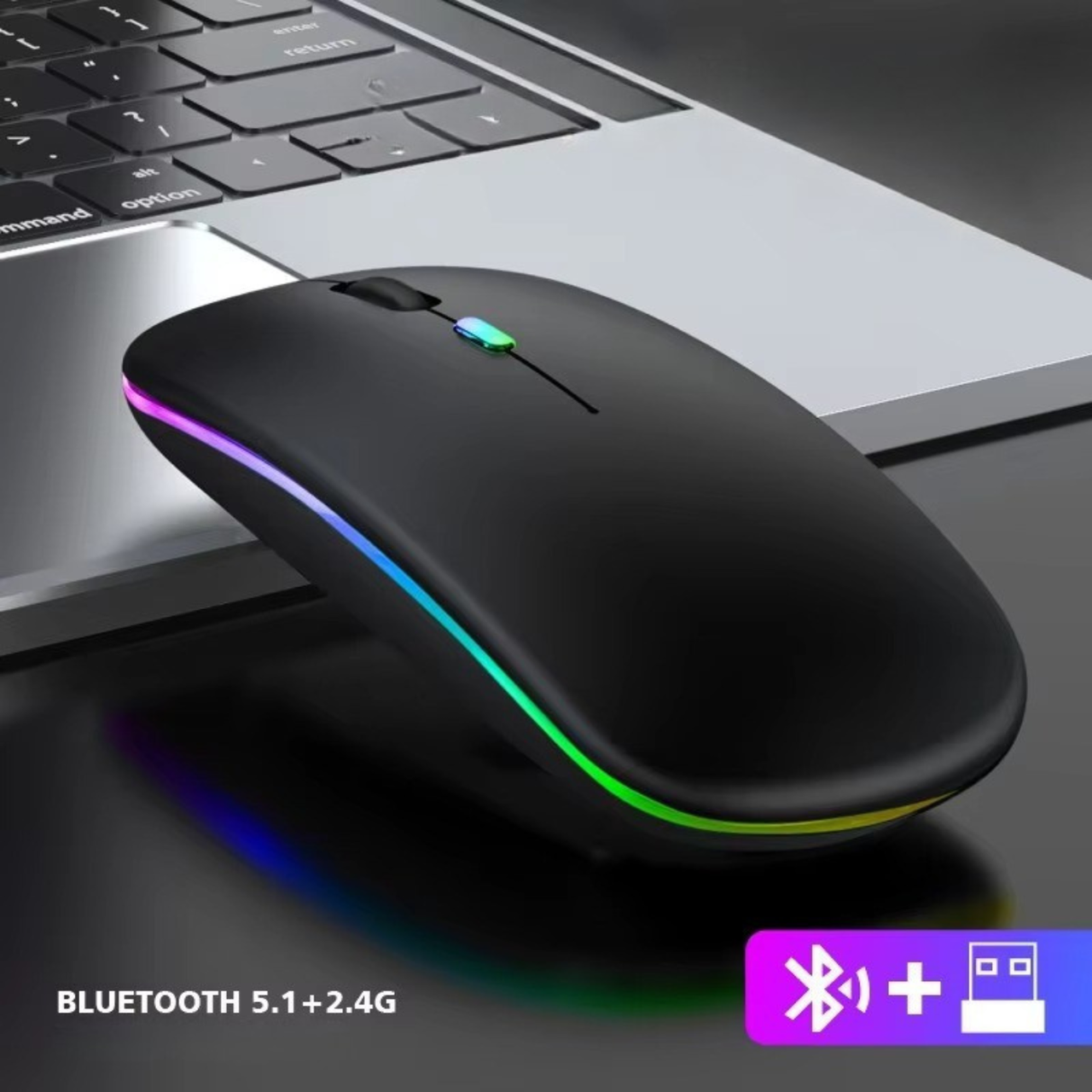 Миша бездротова комп'ютерна, безшумна, оптична з RGB-підсвічуванням 2.4G+Bluetooth DPI 800/1000/1200 чорна, фото 1