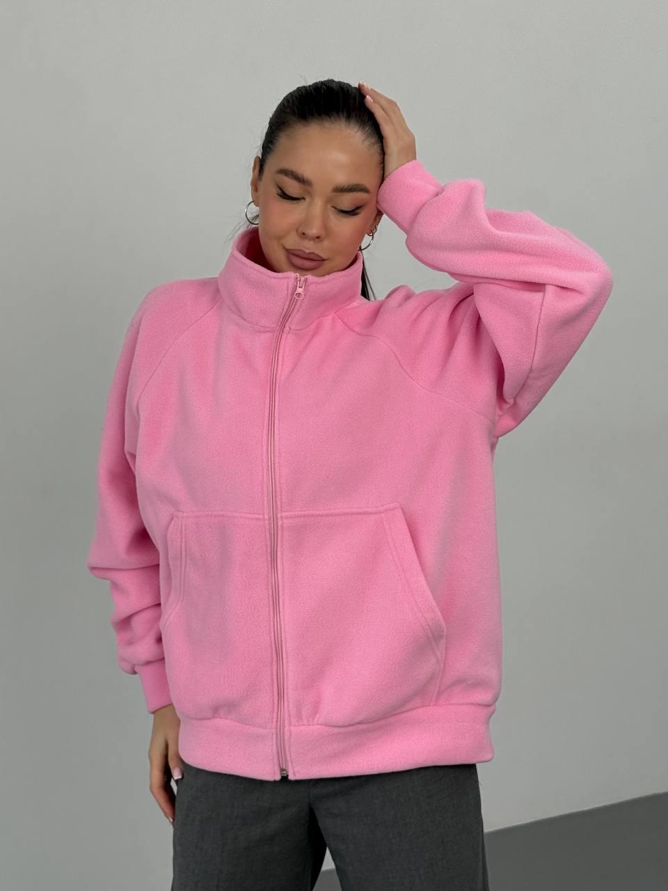 Стильна тепла кофта з кишенями на блискавці з флісу РОЖЕВА 42-48, фото 1