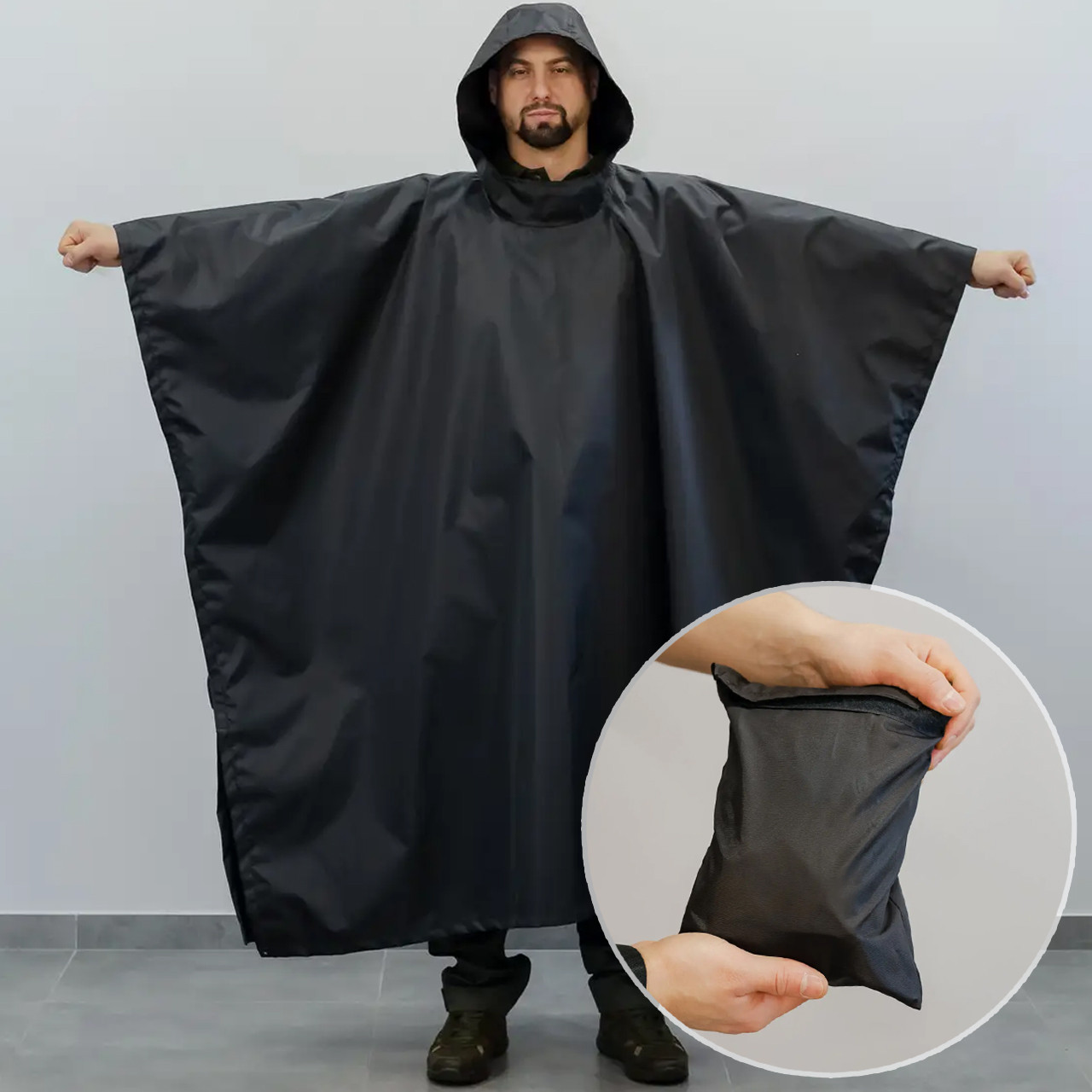 Дощовик-пончо чорний з капюшоном з водонепроникної мембранної тканини ПВХ для туризму