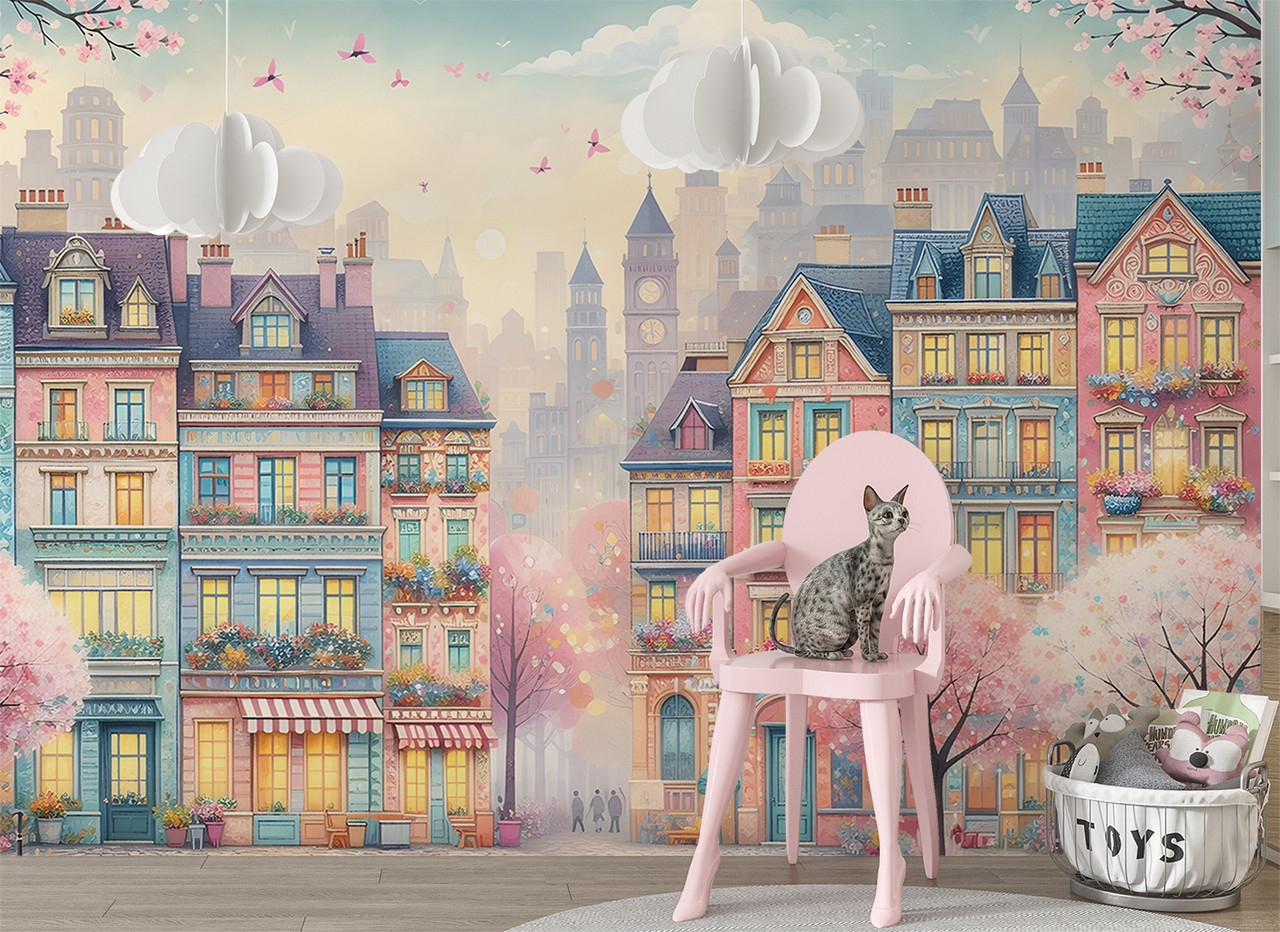 Самоклеюча плівка Oracal акцент на стіну "Весняне місто: Квітучі будинки у пастельних тонах", фото 1