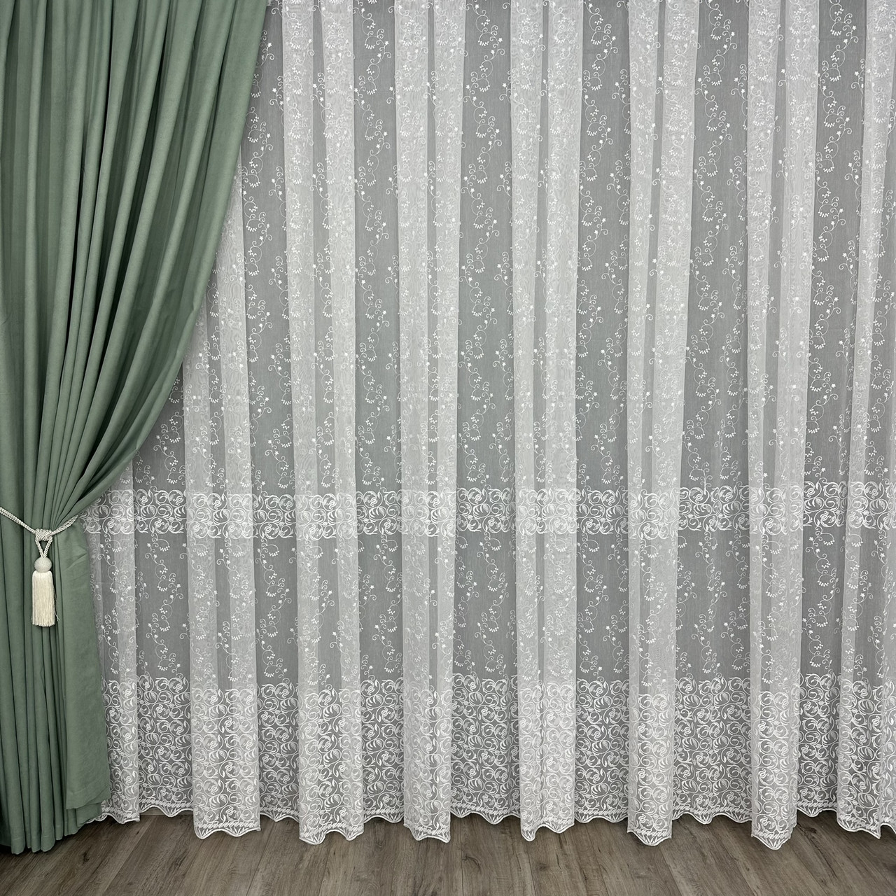 Білий бамбуковий тюль з шикарною вишивкою №6185 на відріз