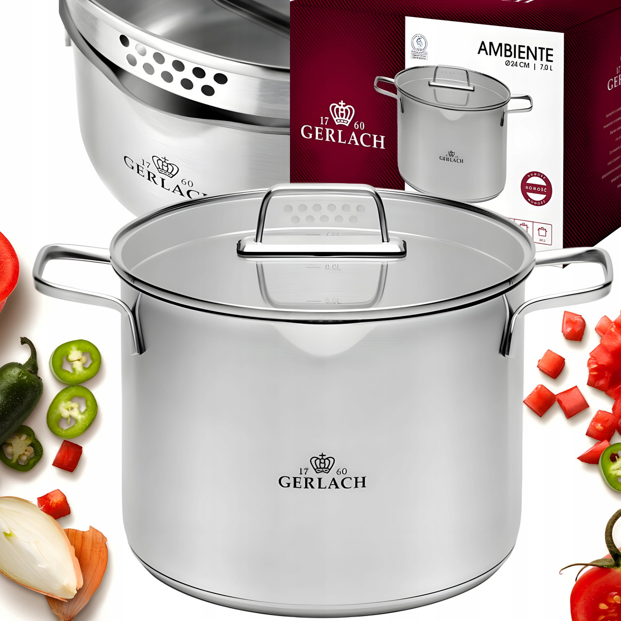 Ambiente великий сталевий каструля з кришкою для індукції та газу Ambiente 24cm 7 л, фото 1