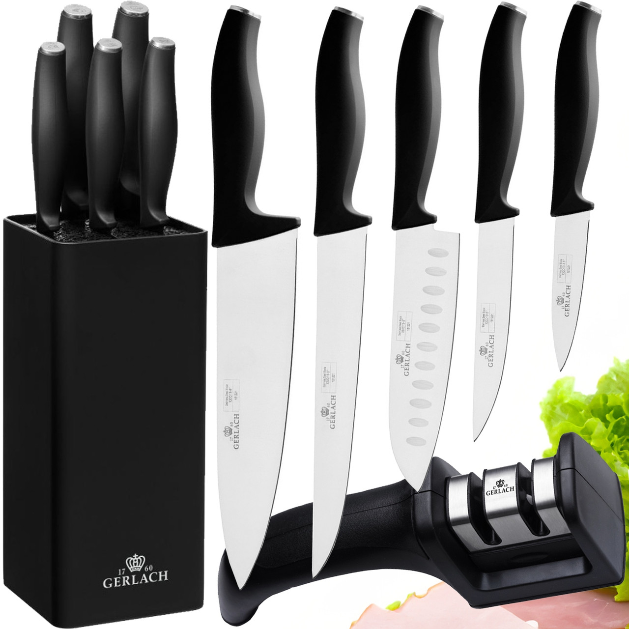 Набір з 5 кухонних ножів у чорному блоку сталі Gerlach Comfort з точилкою 2 в 1, фото 1