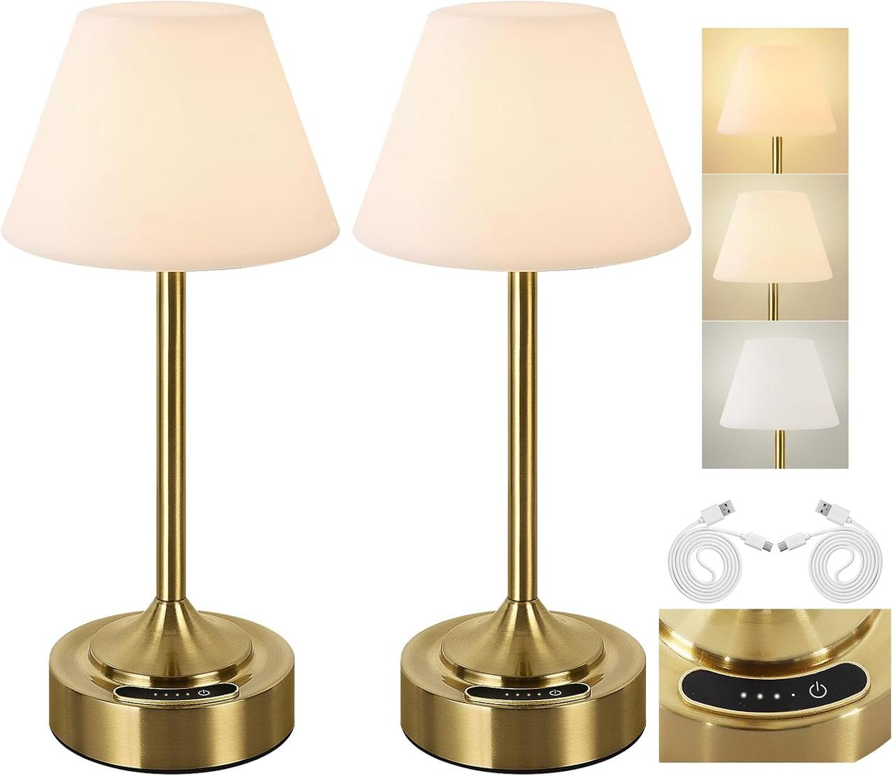 OUTON 2 шт. Бездротові настільні лампи, акумуляторна батарея 4000 мА·год Маленька сенсорна лампа, затемнюваний портативний, фото 1