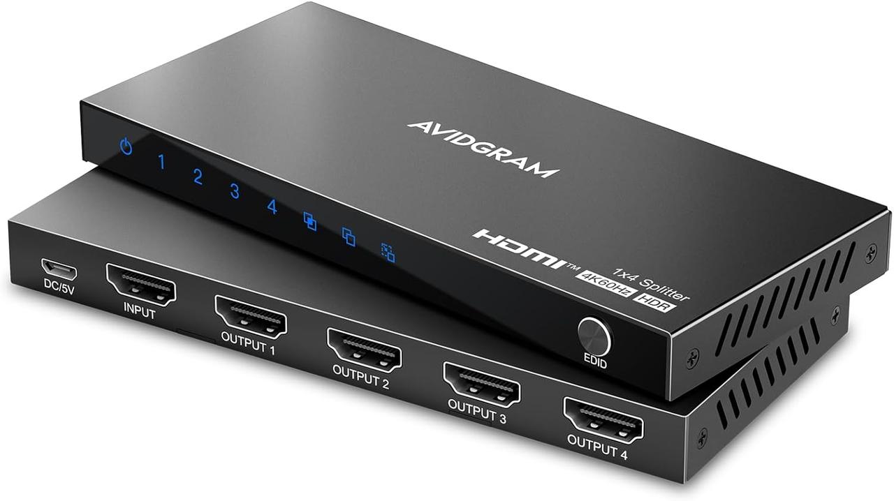 HDMI Splitter 1 вхід 4 Вихід 4K 60 Гц 4:4:4, AVIDGRAM HDMI 4-портовий спліттер із копіюванням, даунмасштабером і автоматичним, фото 1