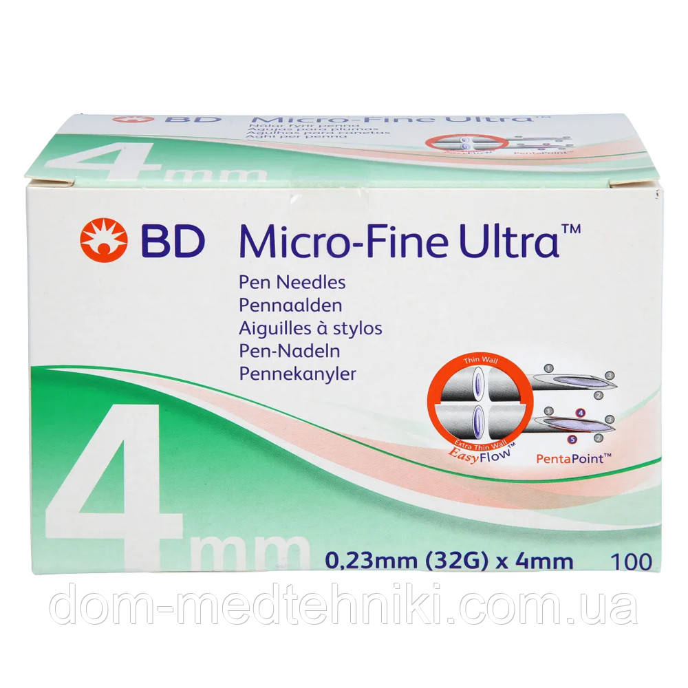 Голки інсулінові для шприц-ручок "МікроФайн Ультра / Micro-Fine Ultra" 4 мм (0,23x32G), 100 шт.