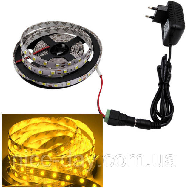 Світлодіодна стрічка 5 м SMD 5050 (60 LED/m) IP20 + адаптер живлення теплий білий колір