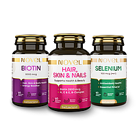 Биотин 5000 мкг№60 + Волосы, кожа и ногти №60 + Cелен 100 мкг №60, NOVEL, набор жевательных витаминов со скидкой 50%