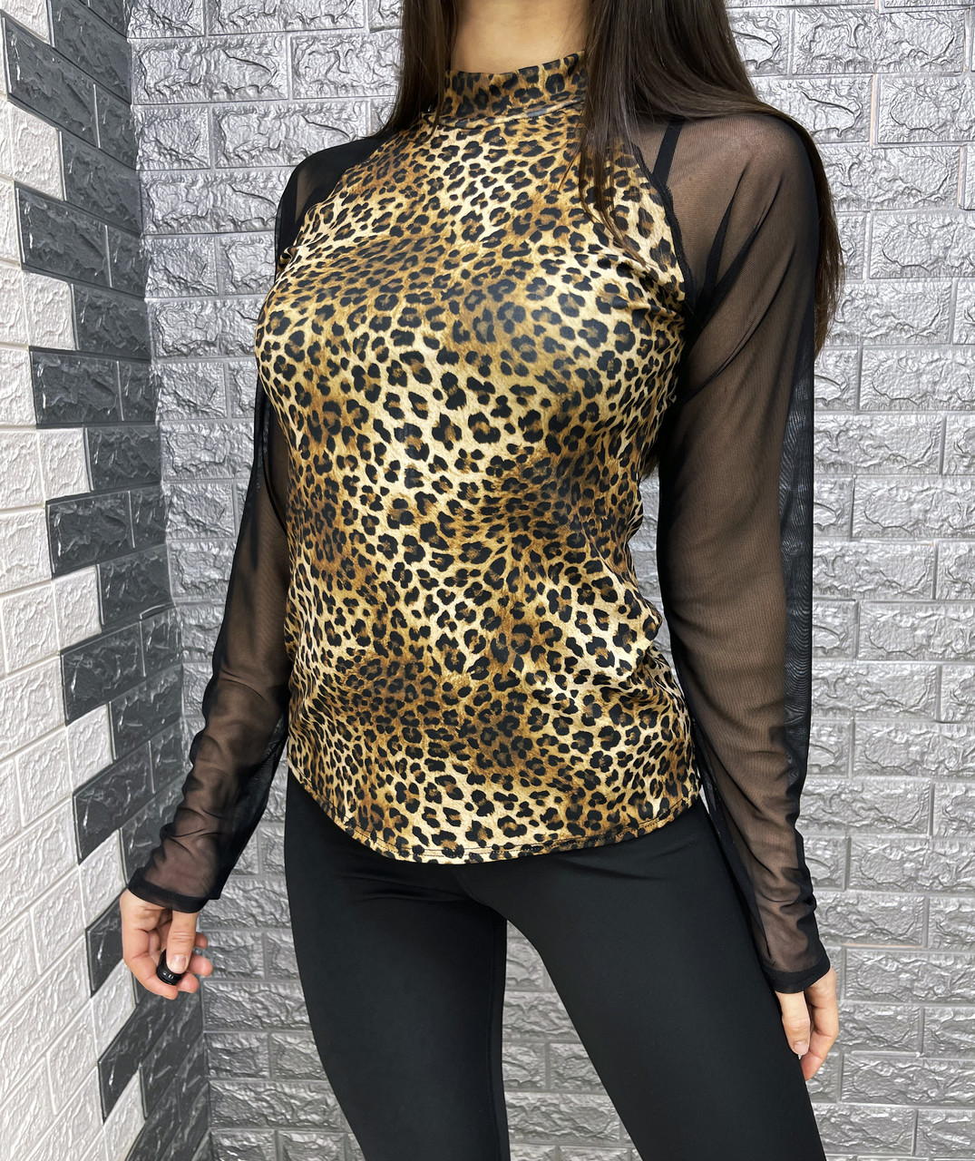 Ефектна кофта з леопардовим принтом та рукавами із сітки, фото 1