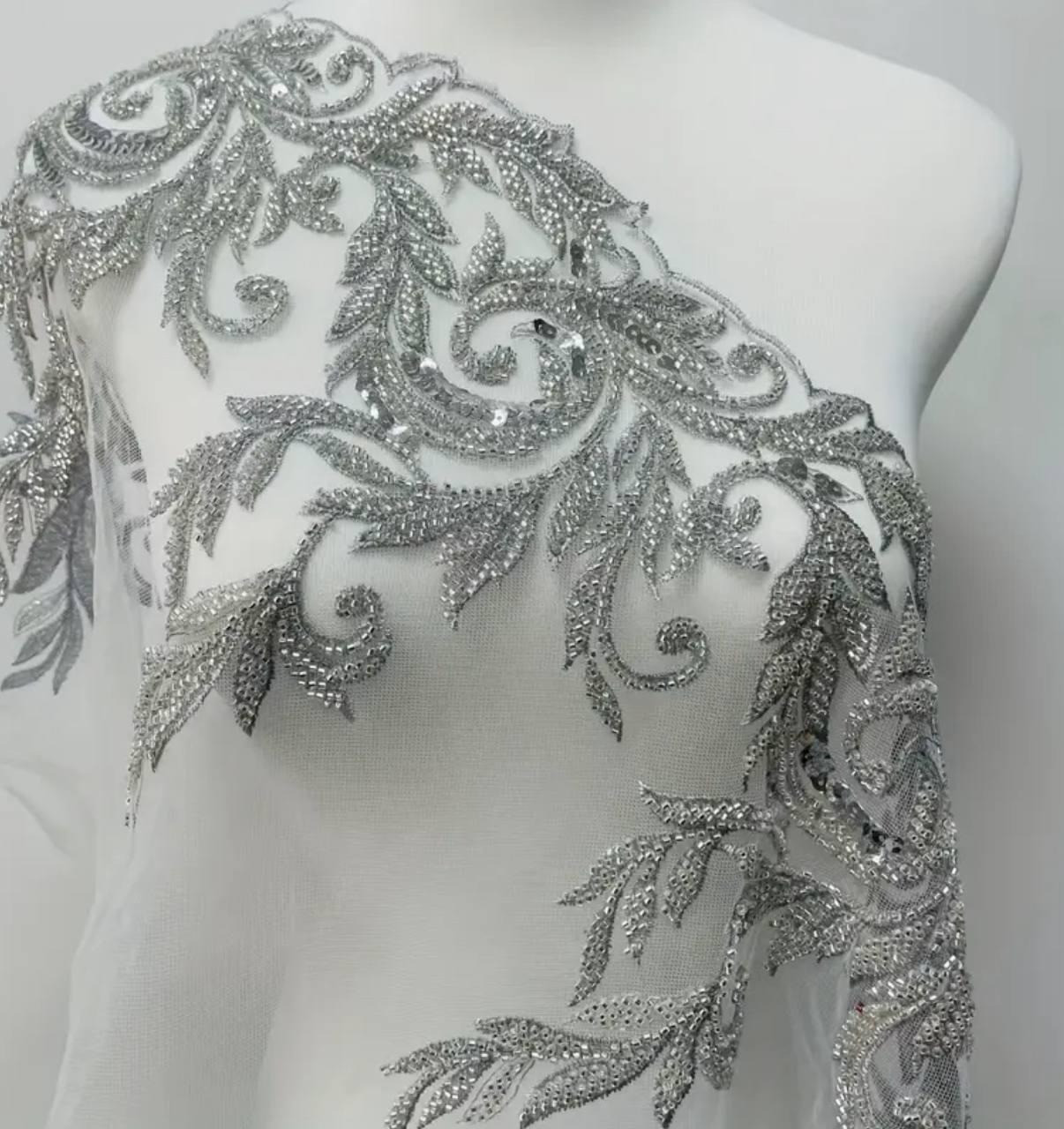 Мереживна сітка (відріз), вишита бісером та паєтками ~ 100х30см, колір Silver , 1шт