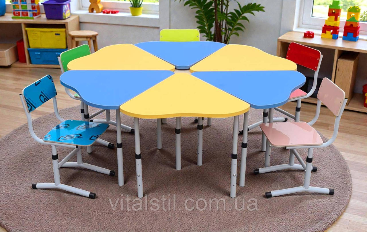 Комплект Стіл дитячий "Ромашка" шестимісний регульований 1-3 р.гр. та стільчик дитячий Барні hpl 1-3 р.гр.