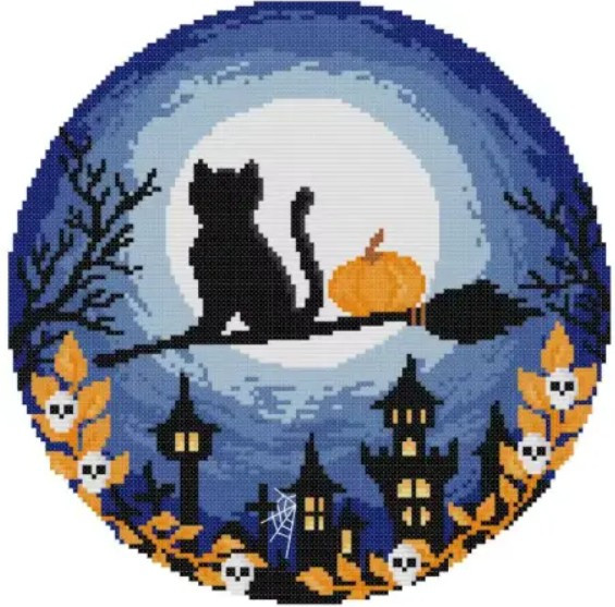 Набір для вишивання за нанесеною на канву схемою "Halloween Black Cat ".AIDA 14CT printed , 31*31 см, фото 1