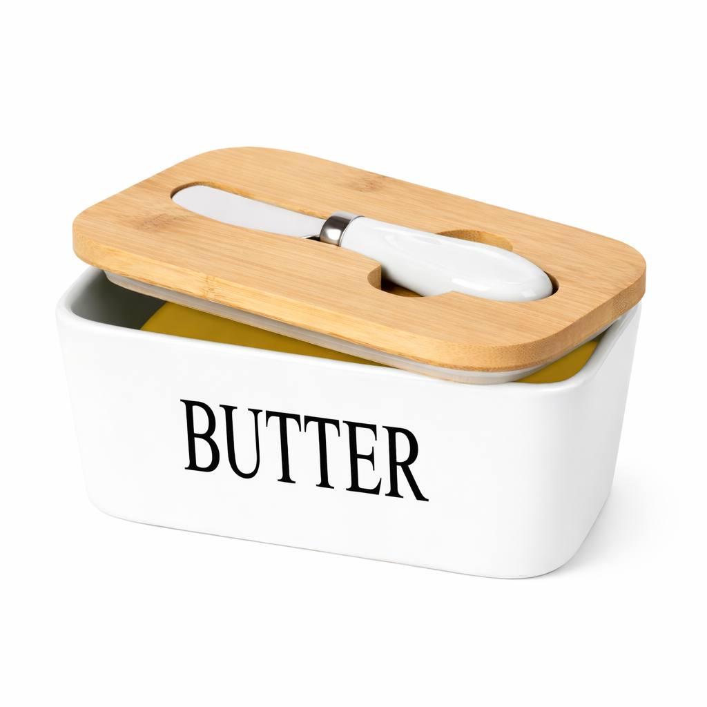 Маслянка керамічна 500 мл з бамбуковою кришкою та ножем для олії, фото 1