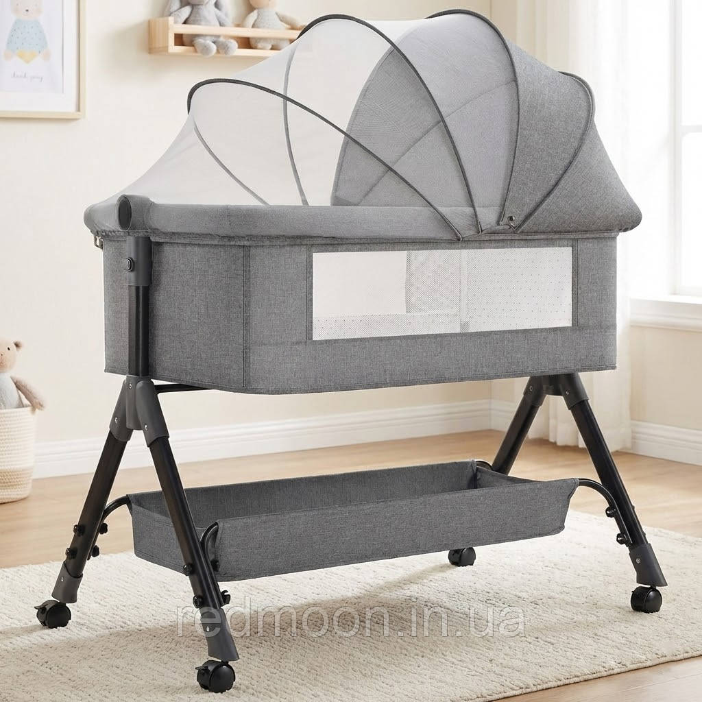 Приставне складане дитяче ліжечко на коліщатках, Сірий / Ліжко-колиска з москітною сіткою / Bedside ліжечко з регулюванням висоти, фото 1