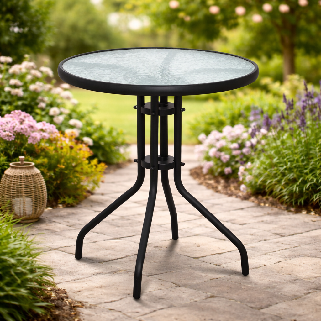 Садовий стіл Chomik Garden Line MAJORKA круглий 60×60×70см столик для балкона та тераси із загартованого скла мозаїка чорний