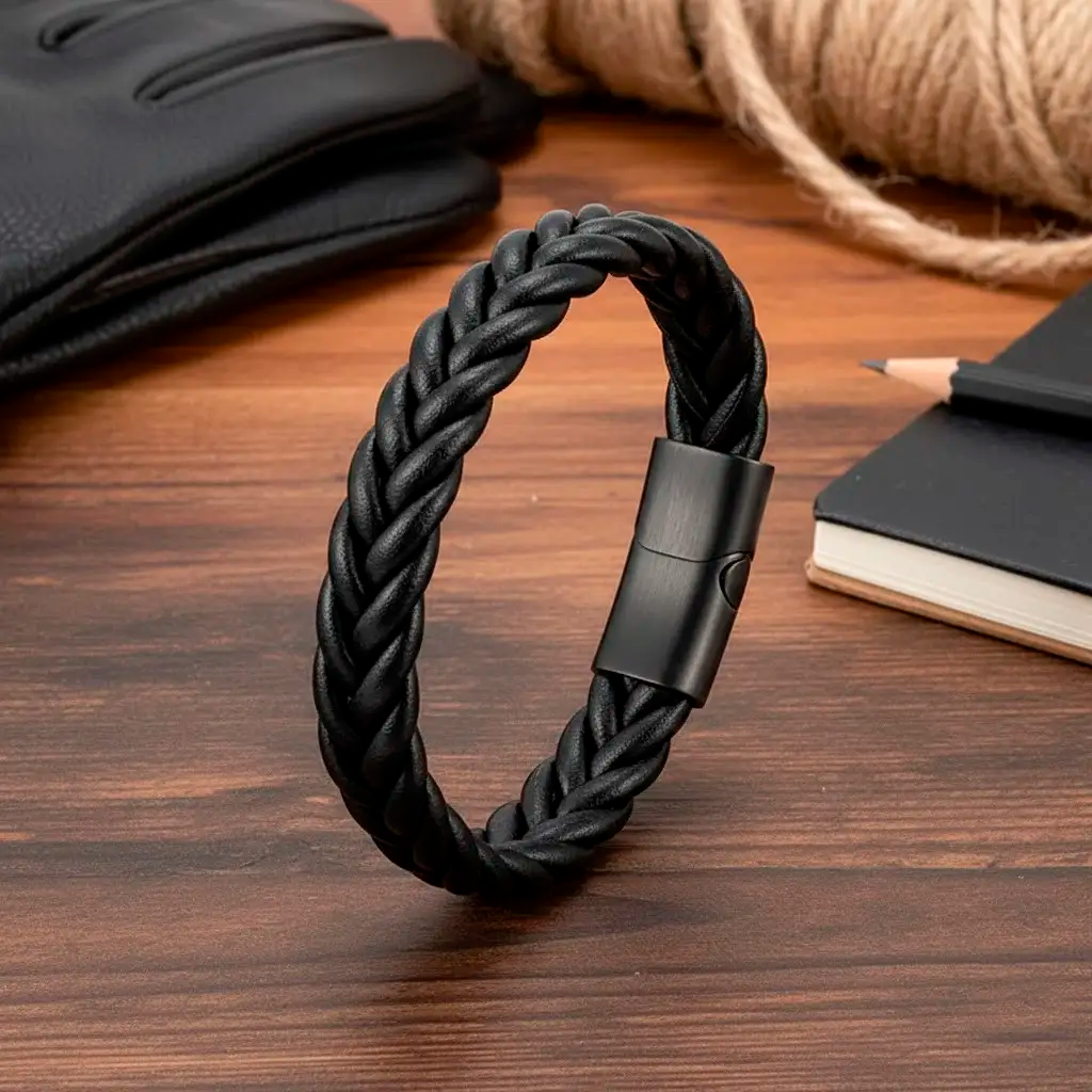 Браслет чоловічий шкіряний TONG чорний 17-19 см (довжина 21 см), фото 1