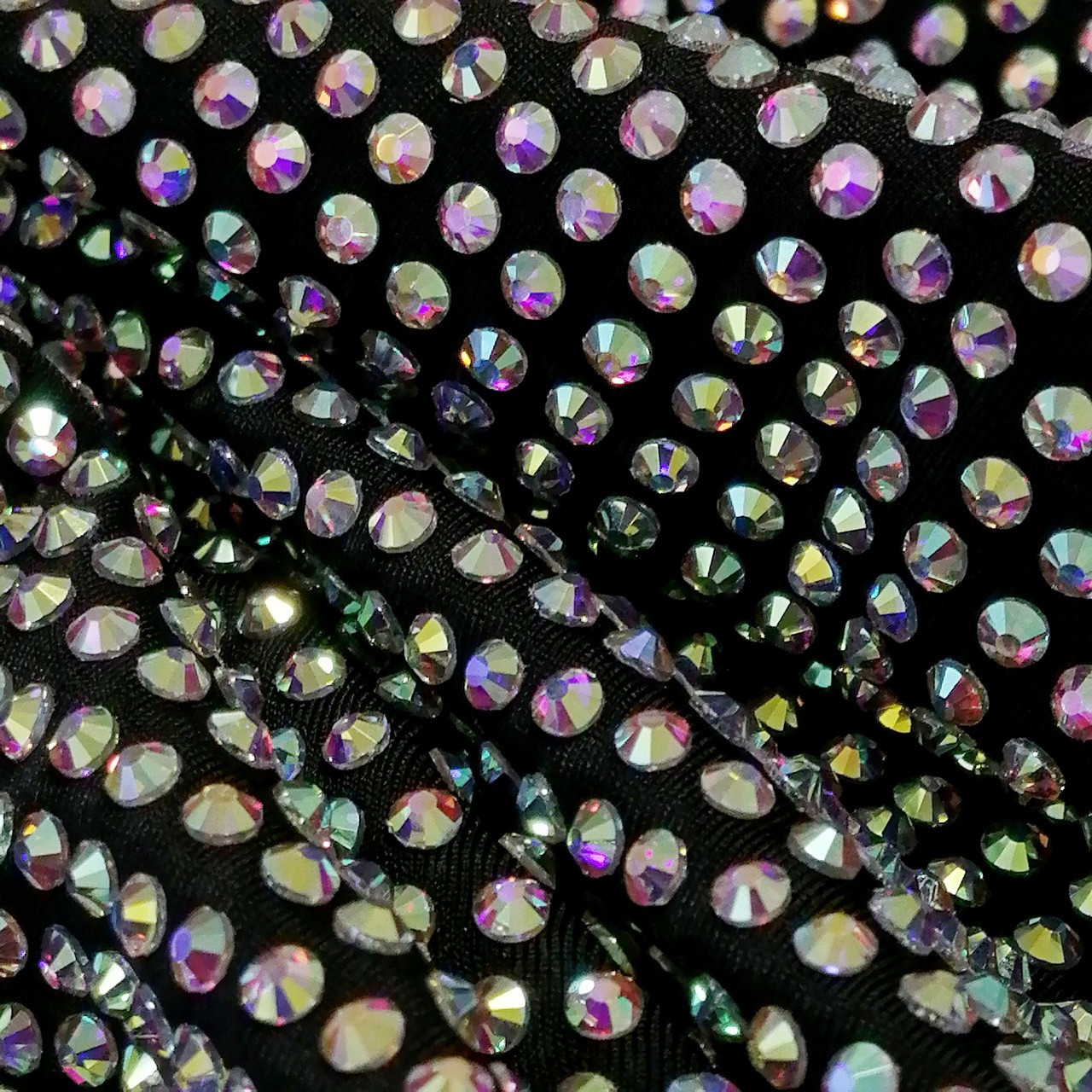 Стразова лайкра чорна з камінням Crystal AB, ss12 (3 мм), 155х100 см