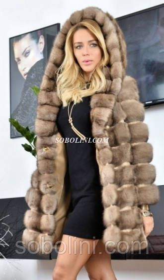 Шикарна шубка з хутра соболя з капюшоном "кобра", на кнопках, довжина 85 см, фото 1