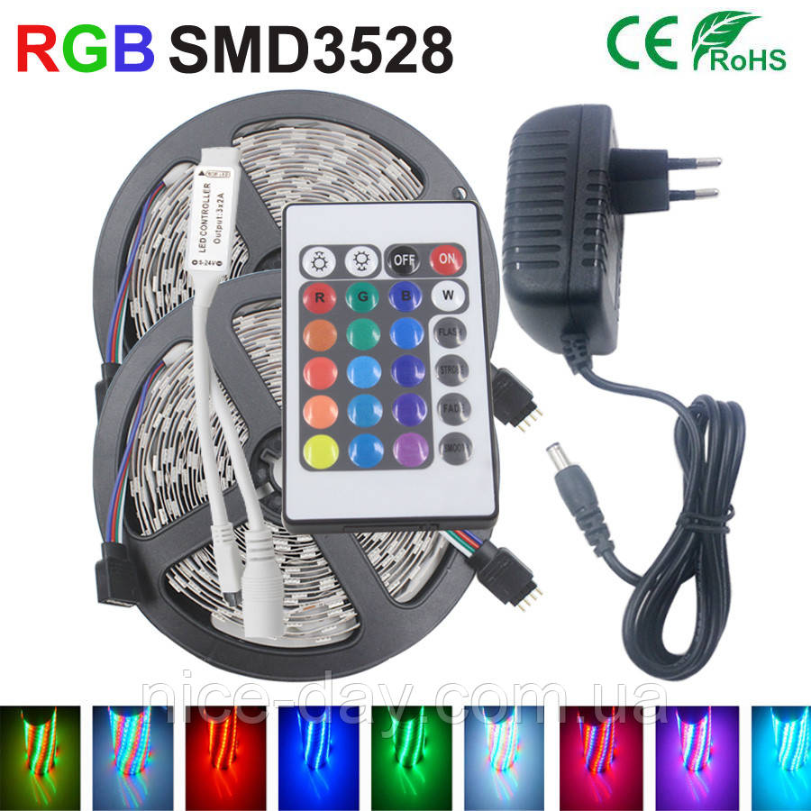 Світлодіодна стрічка 10 м SMD 3528 (54 LED/m) IP20 + адаптер живлення + пульт RGB, фото 1