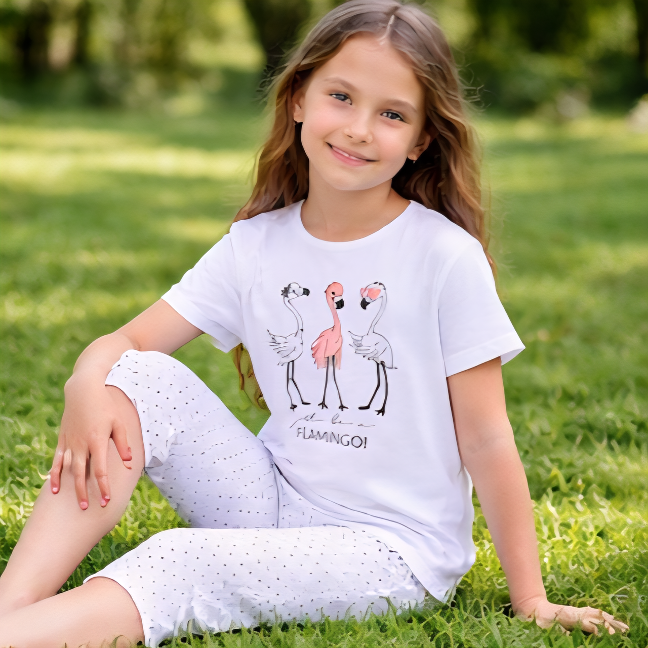 Дитячий літній комплект на дівчинку футболка і велосипедки Фламінго OVS бавовна Розмір 140, фото 1